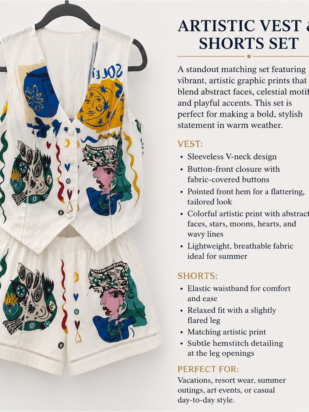 Artistic Printed Vest & Shorts Set - White with Multicolor Graphics
